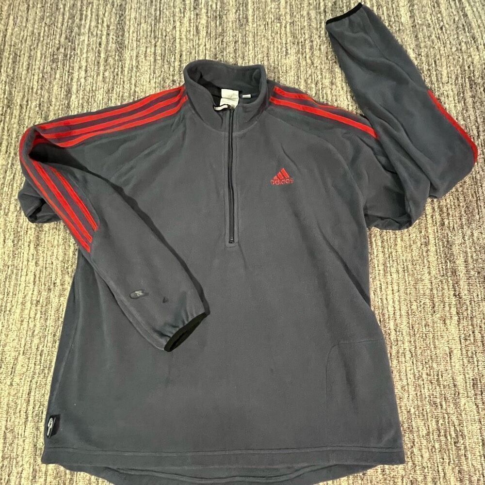 Adidas Mens Size Large Quarter Zip Athletic Shirt Gray Red Stripes‎ Pockets